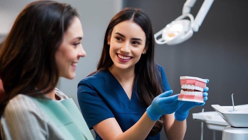 A dentist demonstrating proper oral care using a teeth model to a patient in Thornton